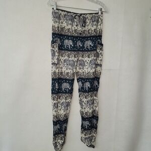 Blue Gecko Elephant Print Pajama Lounge Pants Women S/M Rayon Tie Waist Pockets
